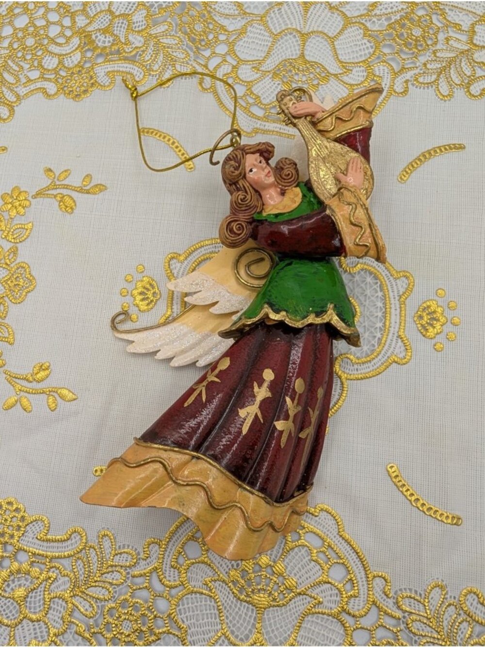 Vtg. Metal Angel Flying w/Instrument hanging Ornament 6" Classical Christmas